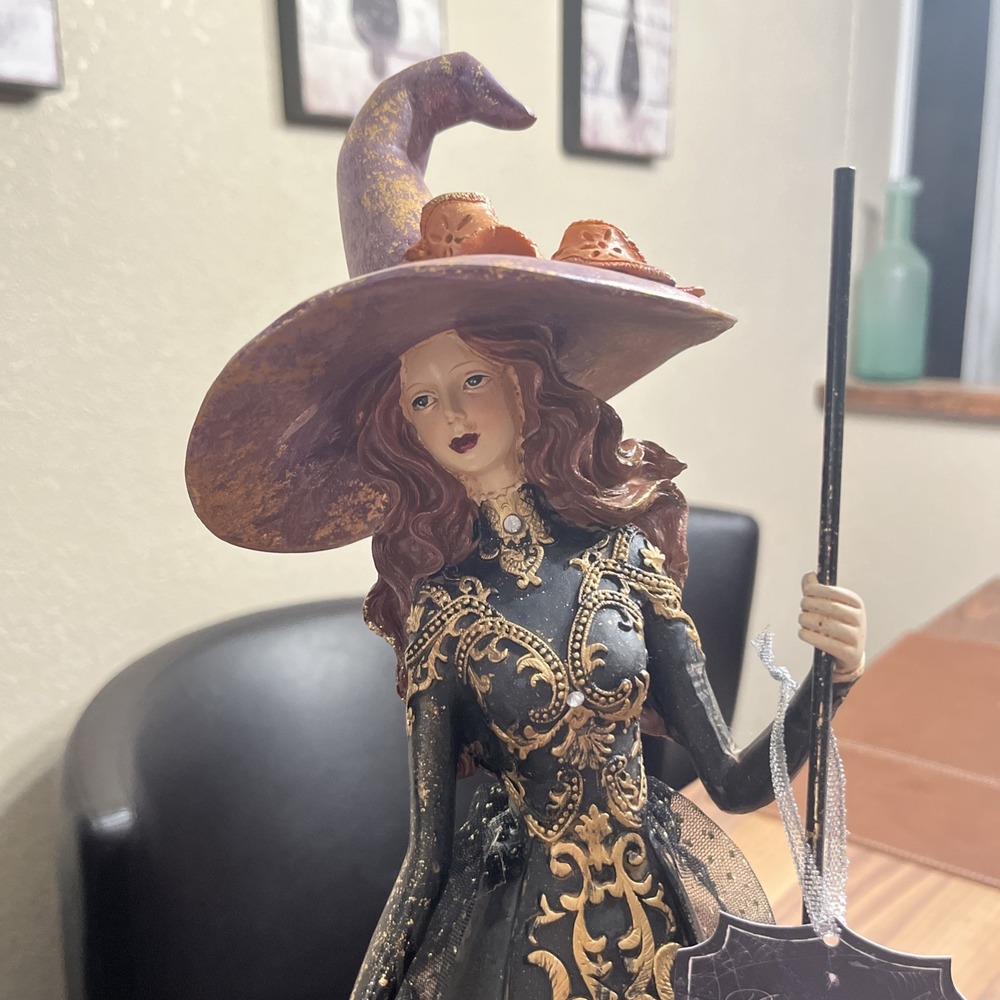 Bella Lux Gothic Witch Figurine Halloween Decor Black Gold Tulle Gown Broom 18in - Picture 2 of 10